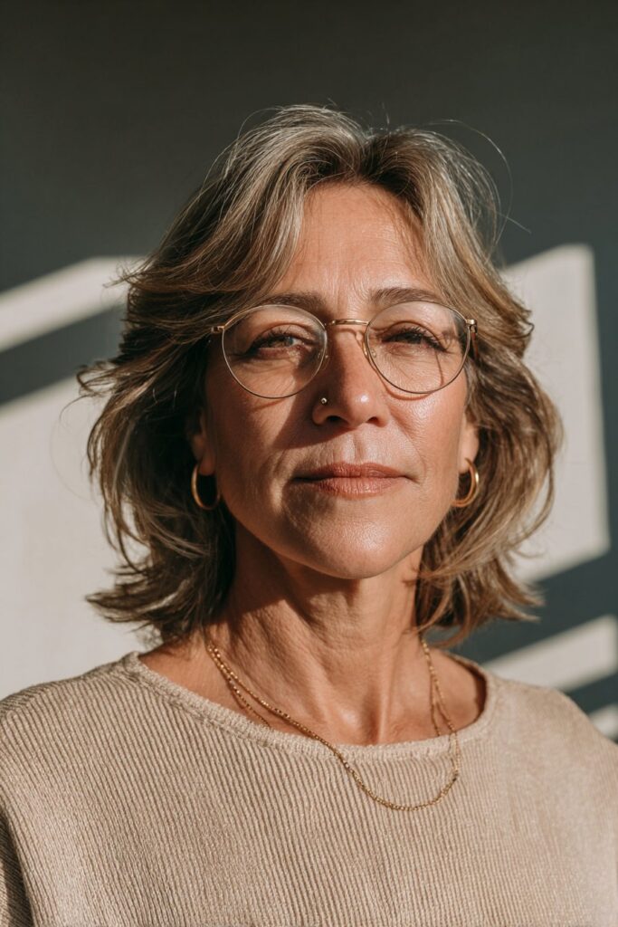Modern shag with curtain bangs for older women.