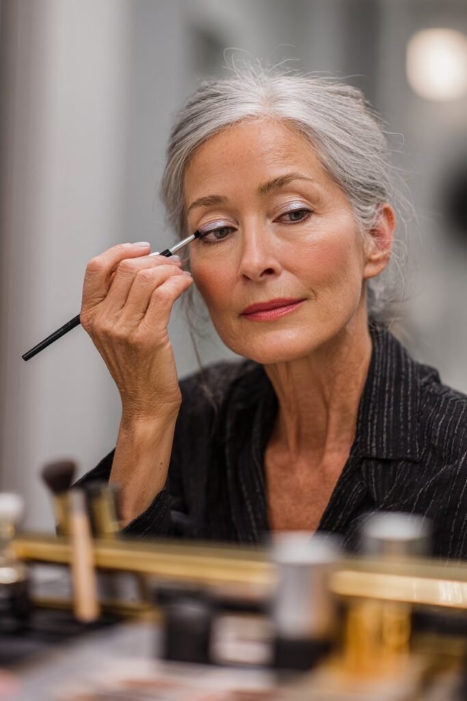 Mature woman adding subtle shimmer to the inner corners of her eyes.