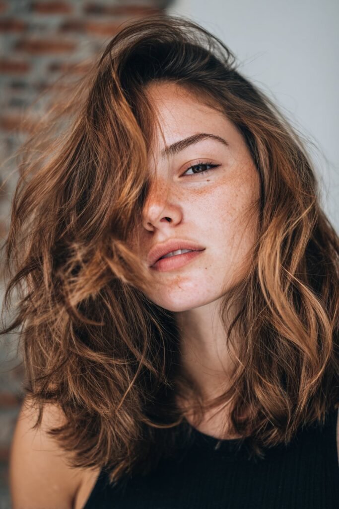 Woman showcasing piecey shoulder-length beach waves with bold texture.