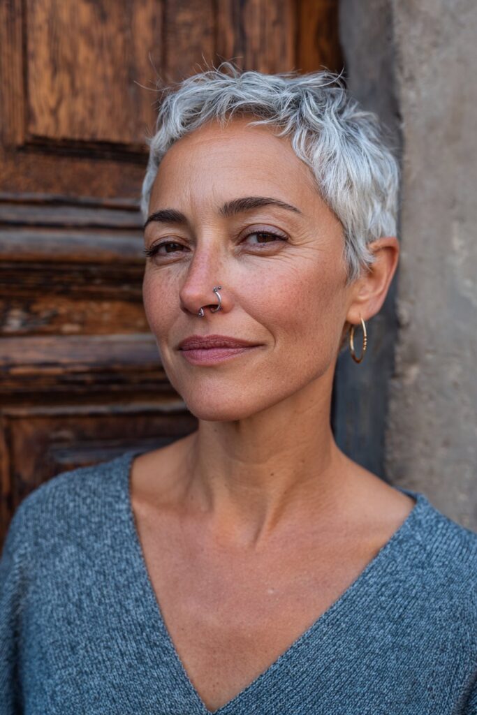 Platinum pixie cut on woman over 50.