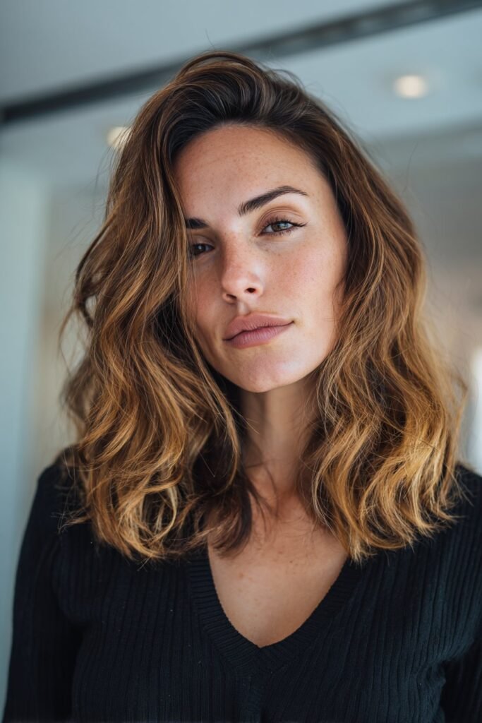 Woman with polished shoulder-length beach waves and refined texture.
