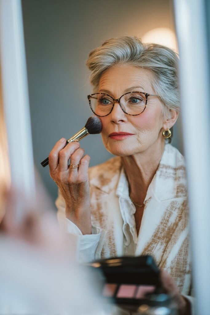 Older woman with glasses applying blush high on her cheekbones for a lifted look.