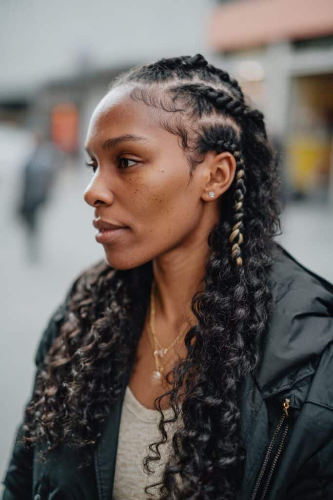 Black woman with box braids and kinky curly ends in a protective hairstyle.