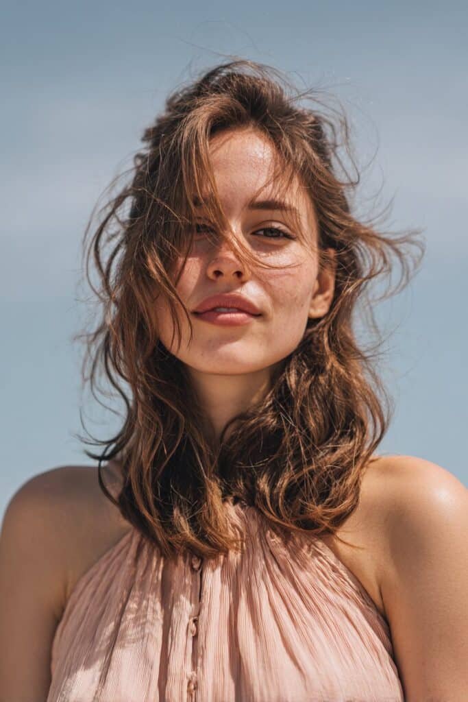 Woman with shoulder-length beach waves in a romantic half-up half-down style.