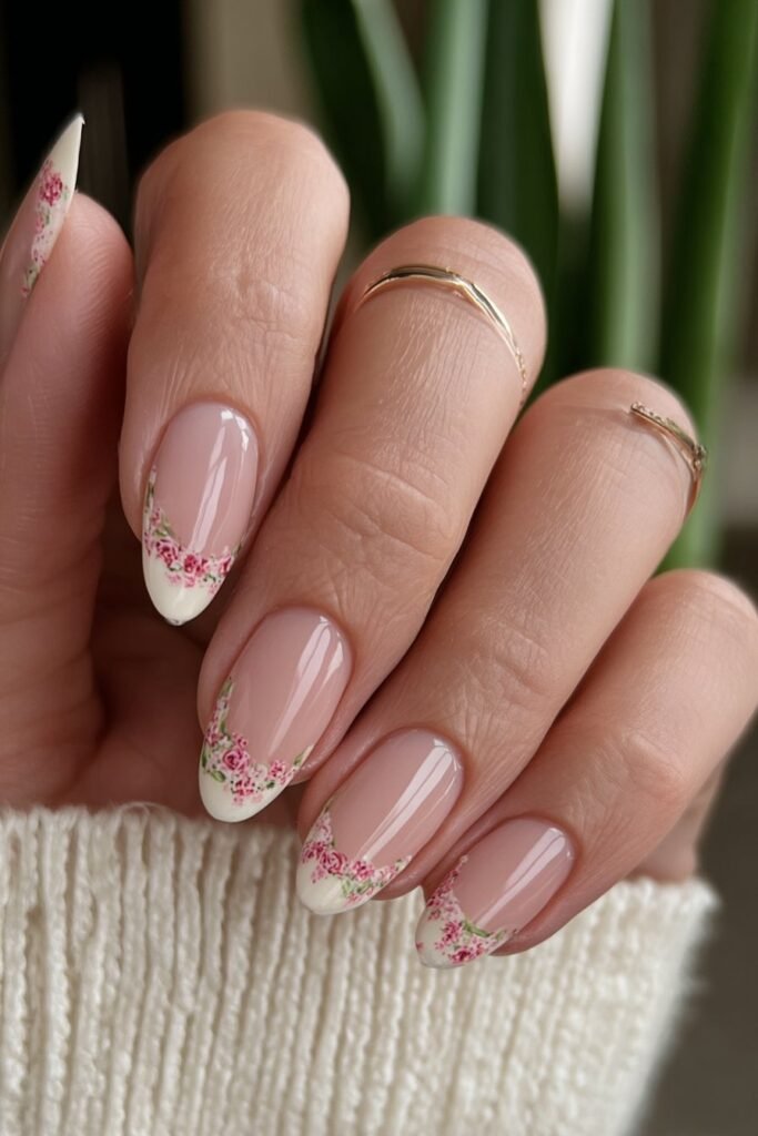 French tip nails with delicate rose garden floral accents.