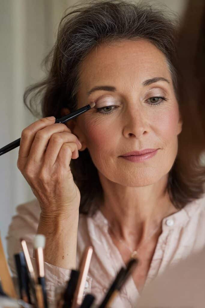 Mature woman applying satin-finish eyeshadow for a soft and flattering eye look.