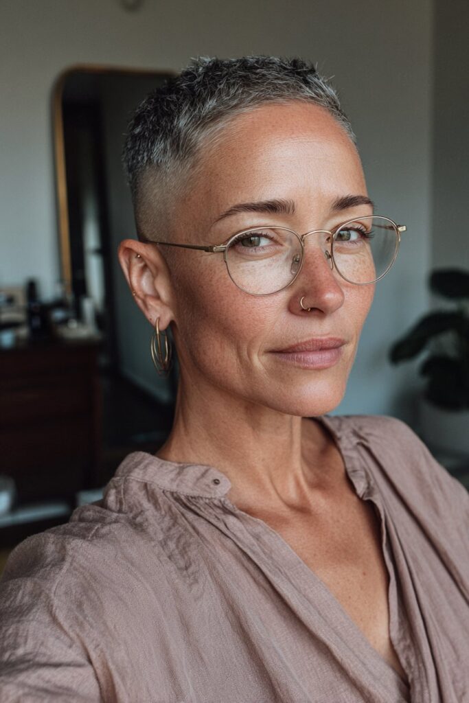 Shaved side pixie with bold side part.