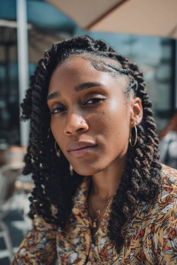 Black woman with shoulder-length kinky twist braids and neat parts.