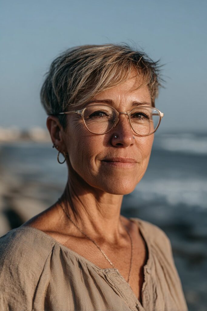 Side-swept pixie with long bangs for mature women.