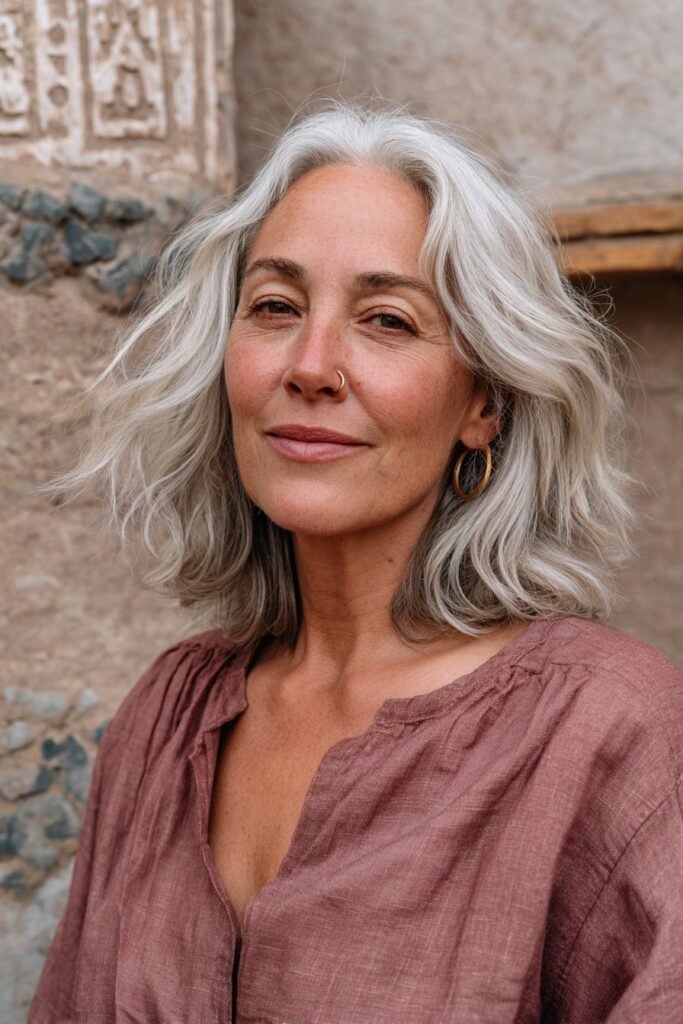 Silver blonde transition hairstyle for mature women.