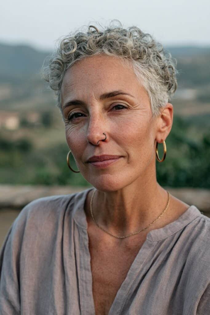 Older woman with silver curly pixie haircut.
