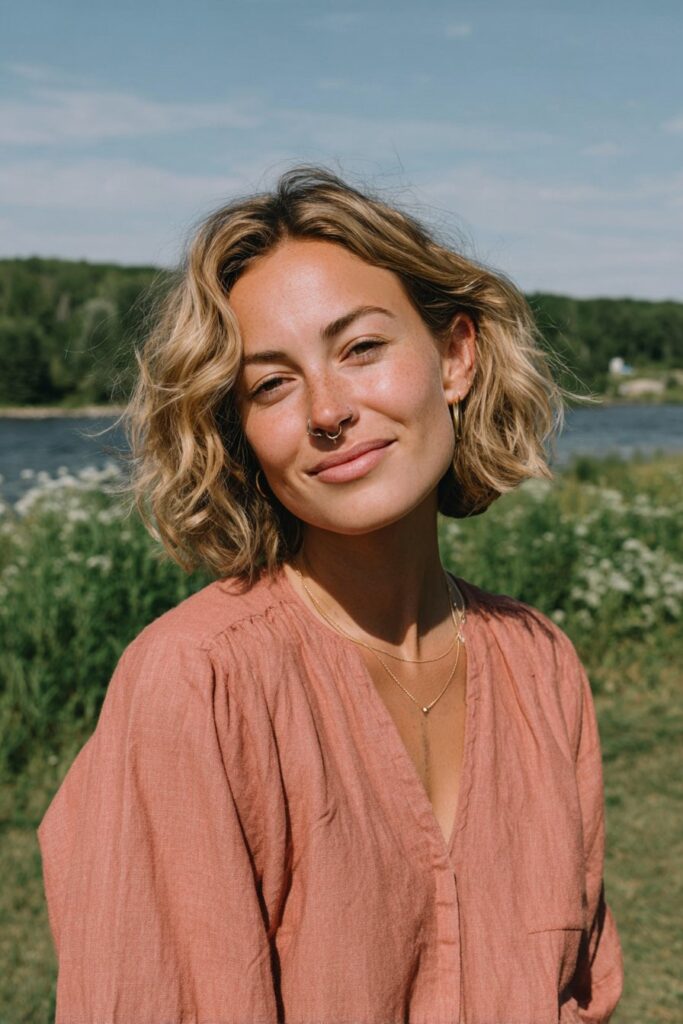 Soft blunt bob with gentle blonde waves.