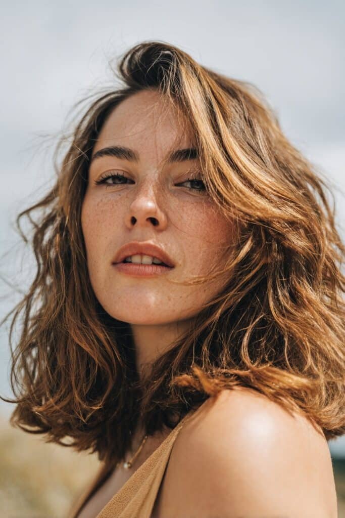 Woman wearing shoulder-length boho beach waves with delicate face-framing layers.