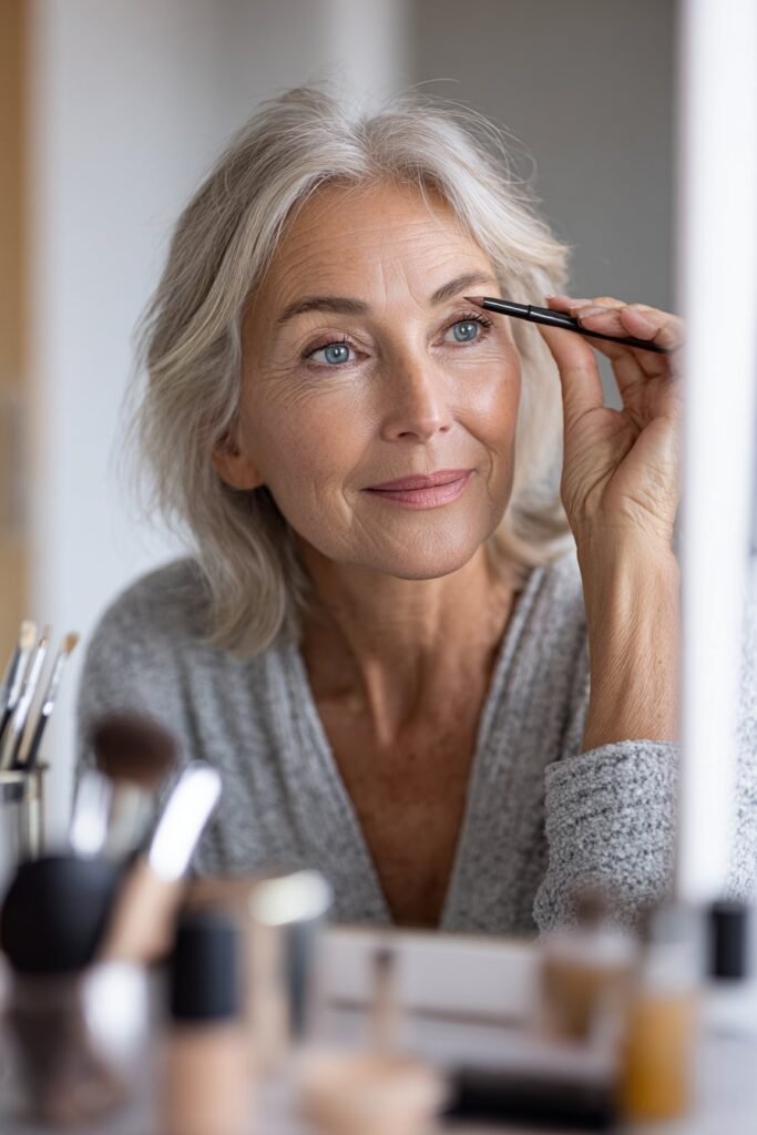 Mature woman filling her brows with a soft brow pencil for natural definition.