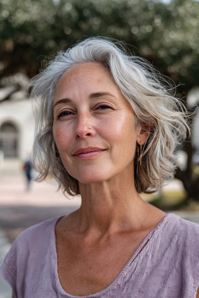 Soft feathered shag hairstyle for older women.
