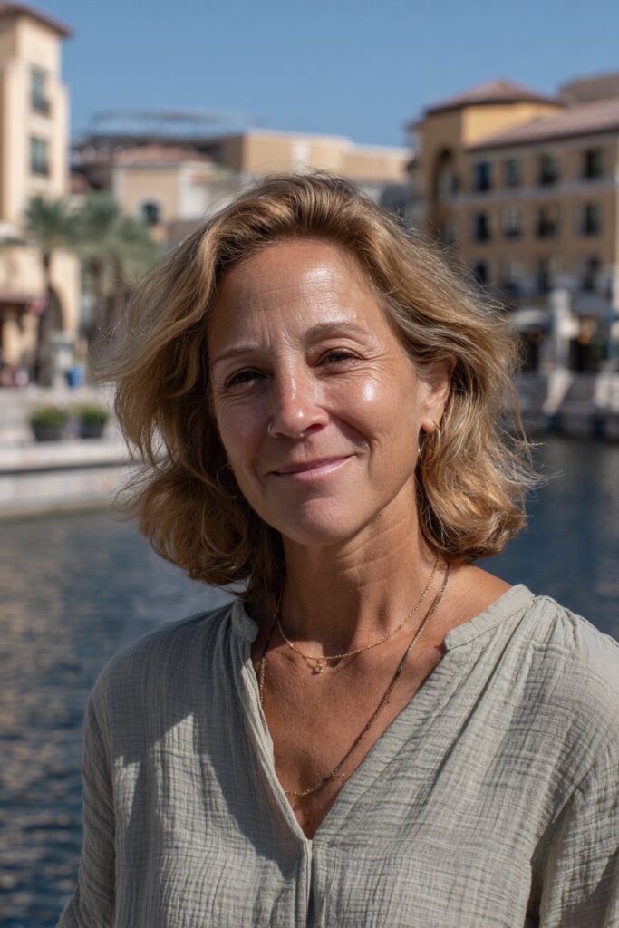 Soft honey blonde lob for women over 50.