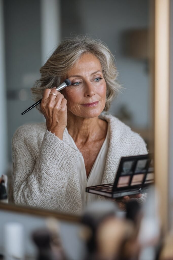Mature woman blending soft matte eyeshadow to define and lift the eyes.