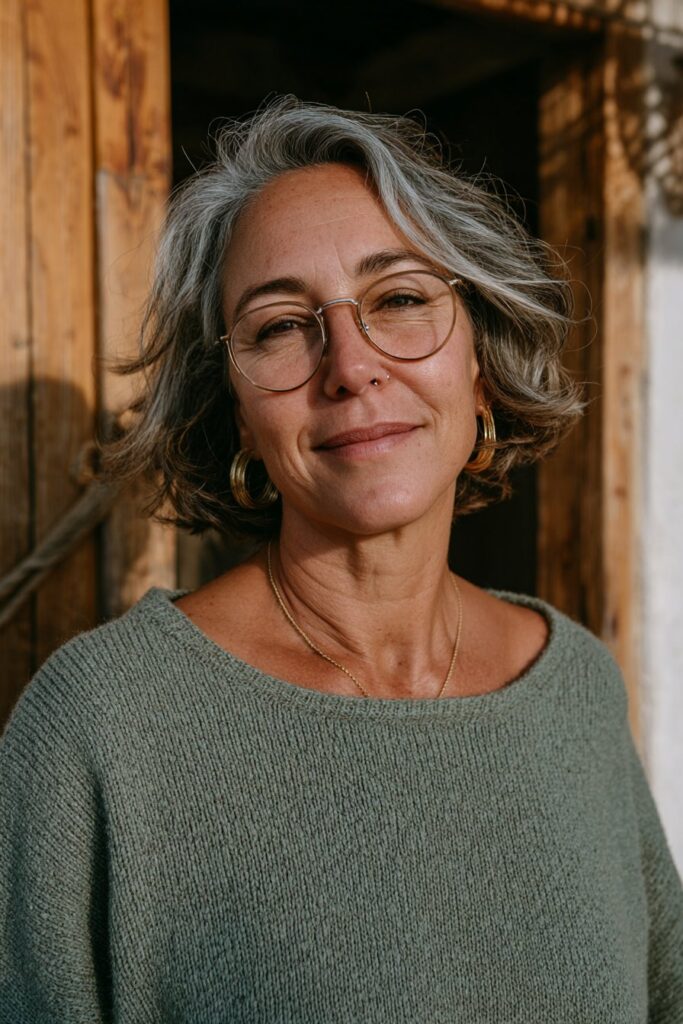 Stacked bob with textured layers for older women.