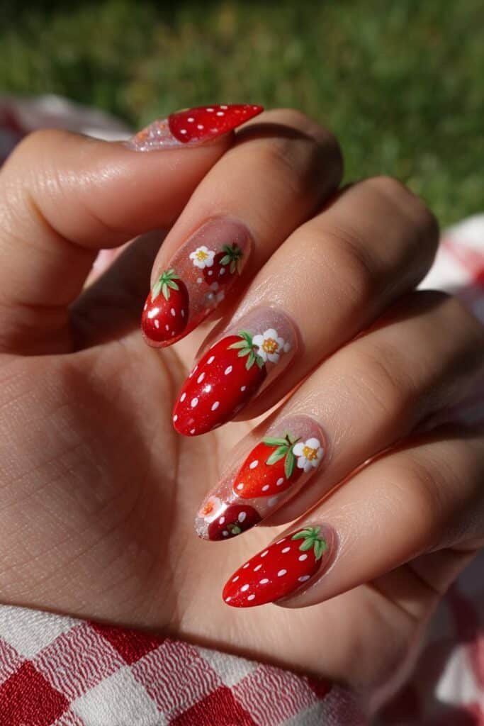 Strawberry nails with cute fruit art and tiny blossoms.