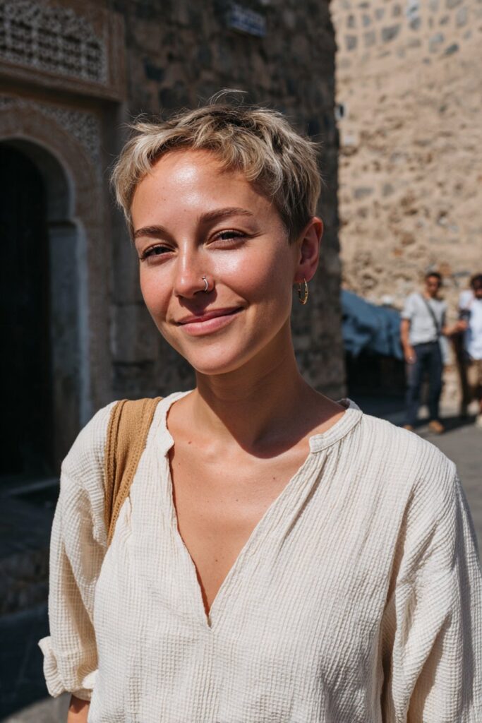 Textured blunt pixie bob with soft choppy layers.