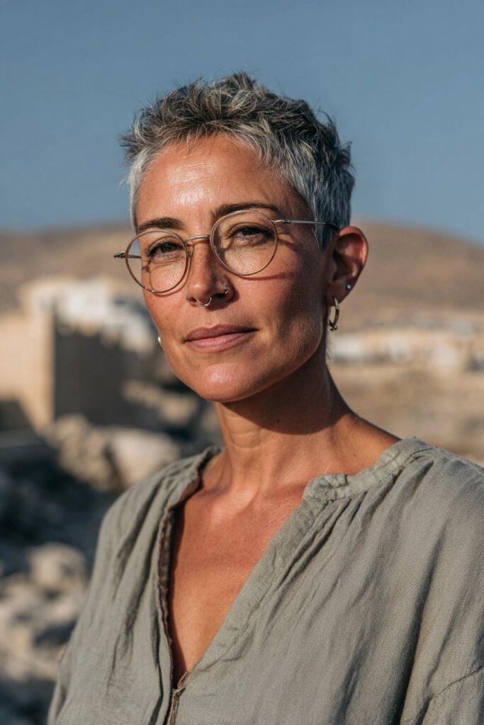 Textured pixie cut with sharp edges for older women.
