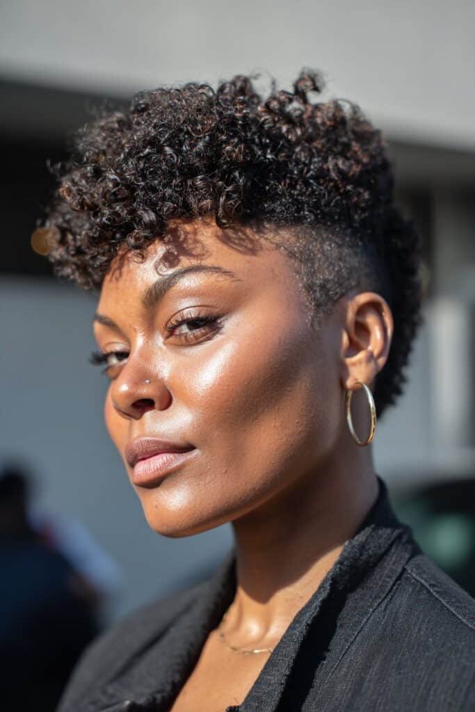 Black woman with a big chop pixie and tightly defined kinky curls.