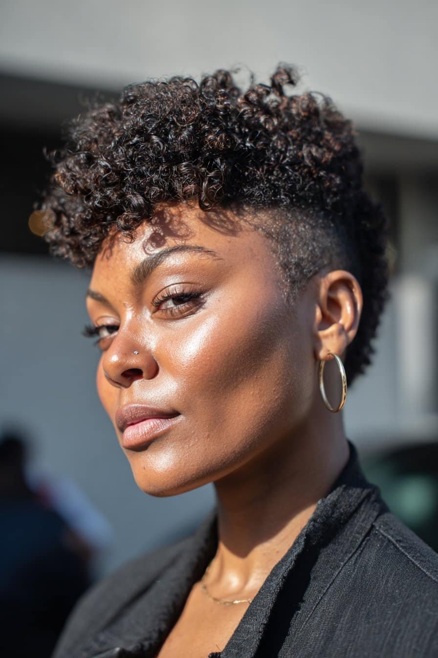 Black woman with a big chop pixie and tightly defined kinky curls.