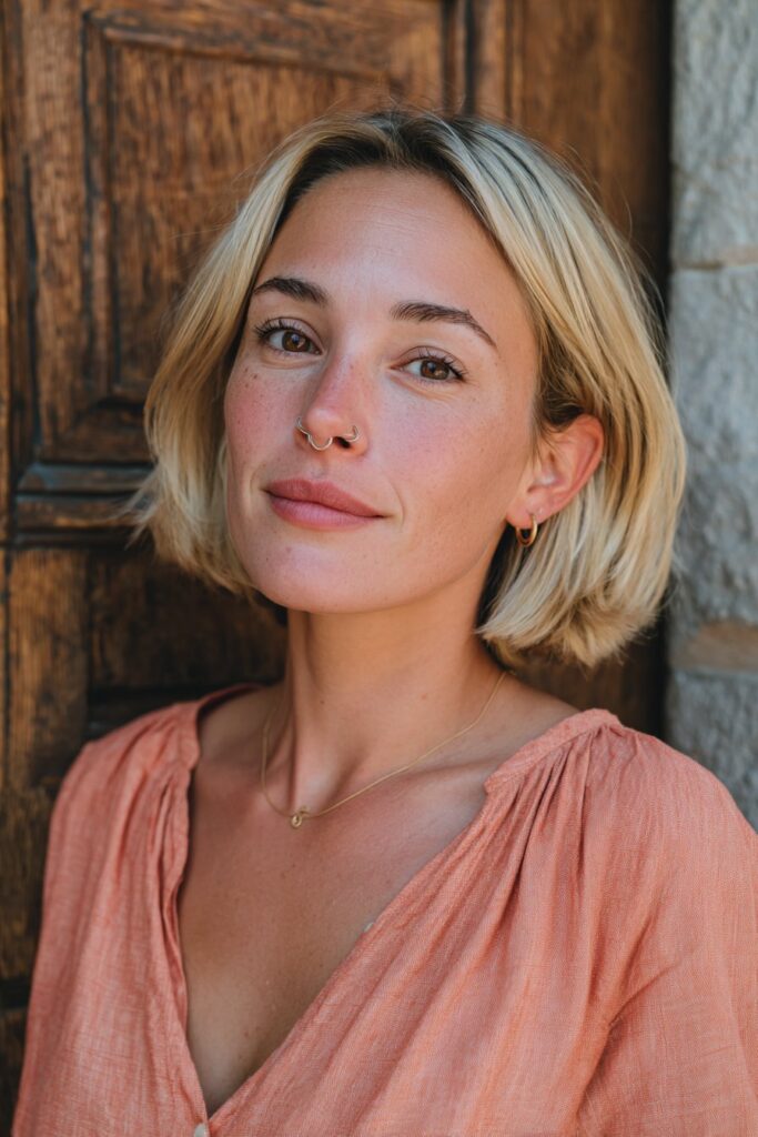 Blunt French bob with bangs on smiling woman.