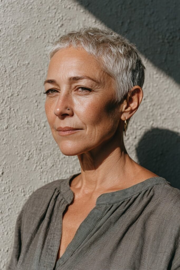 Bold tapered nape haircut for women over 50.