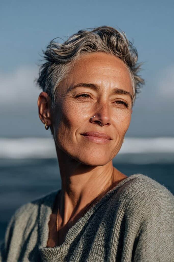 Chic asymmetrical pixie for women over 50.