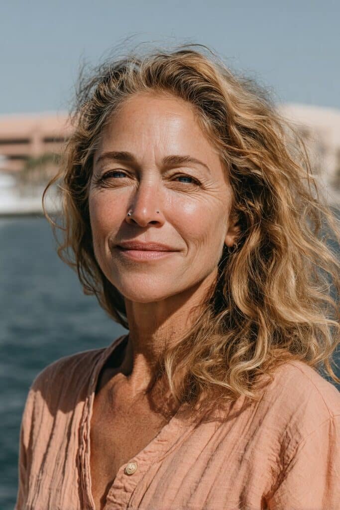 Mid-length beachy waves for women over 50.