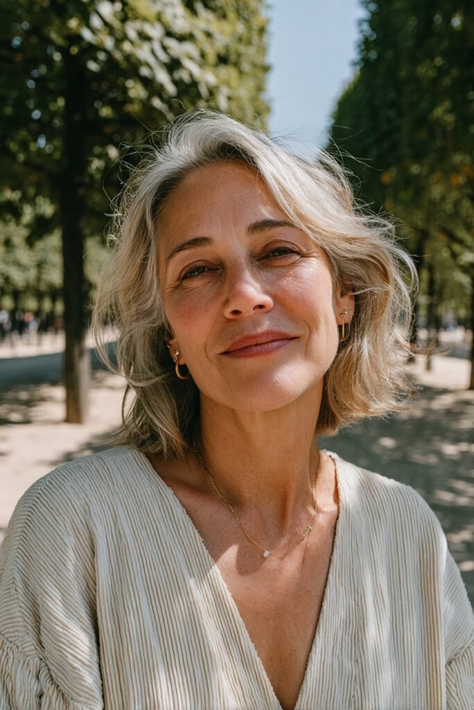 Elegant lob with face-framing layers for women over 50.