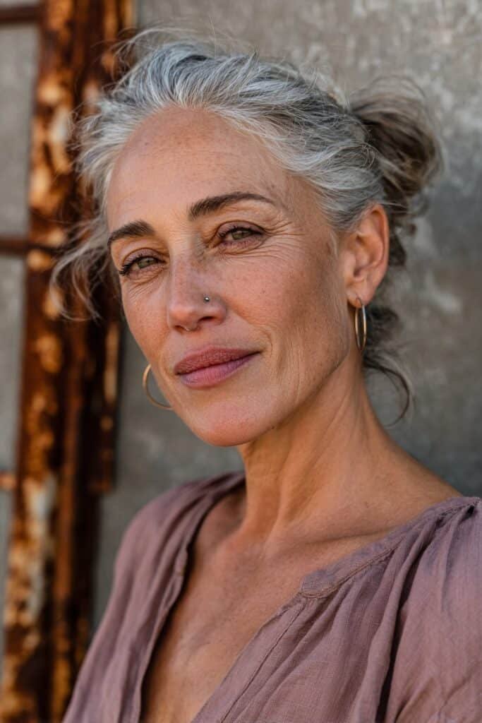 Elegant updo for thin hair over 50.