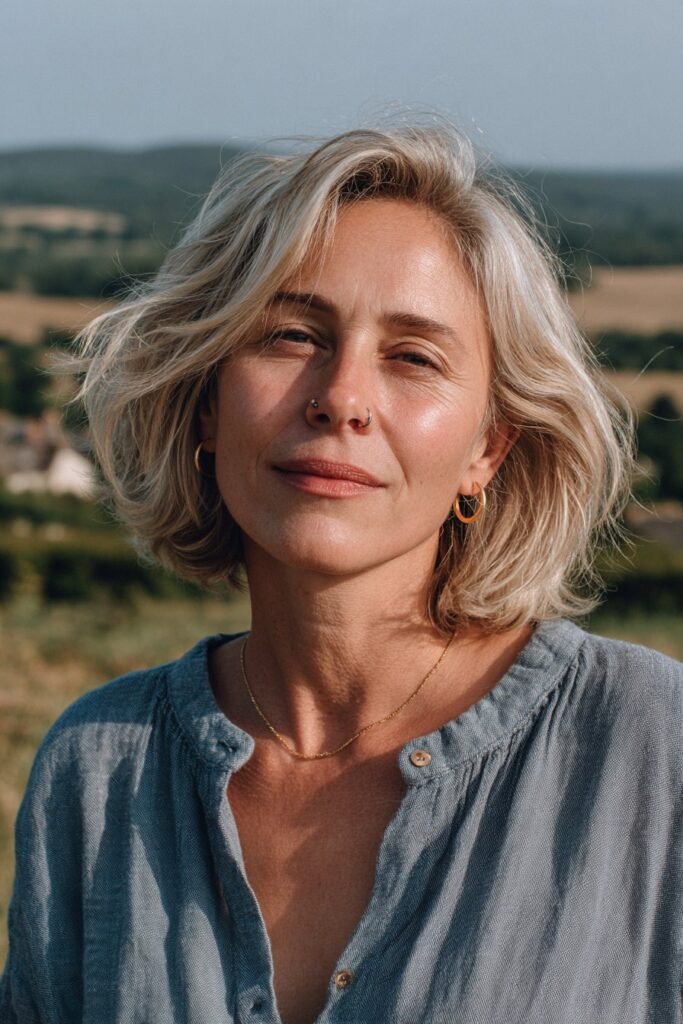 Modern layered bob for women over 50.