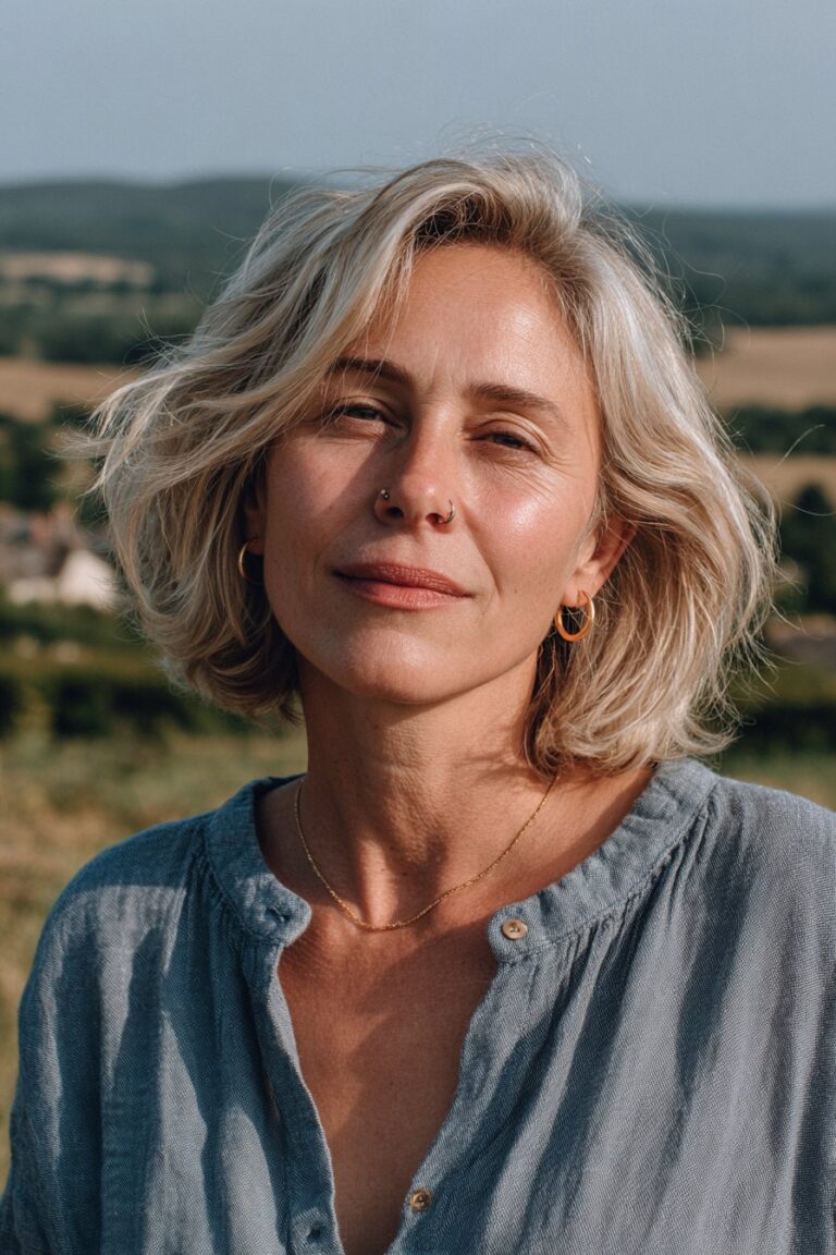 Modern layered bob for women over 50.