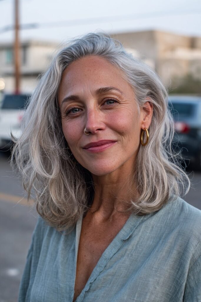 Long layers with soft highlights for older women.