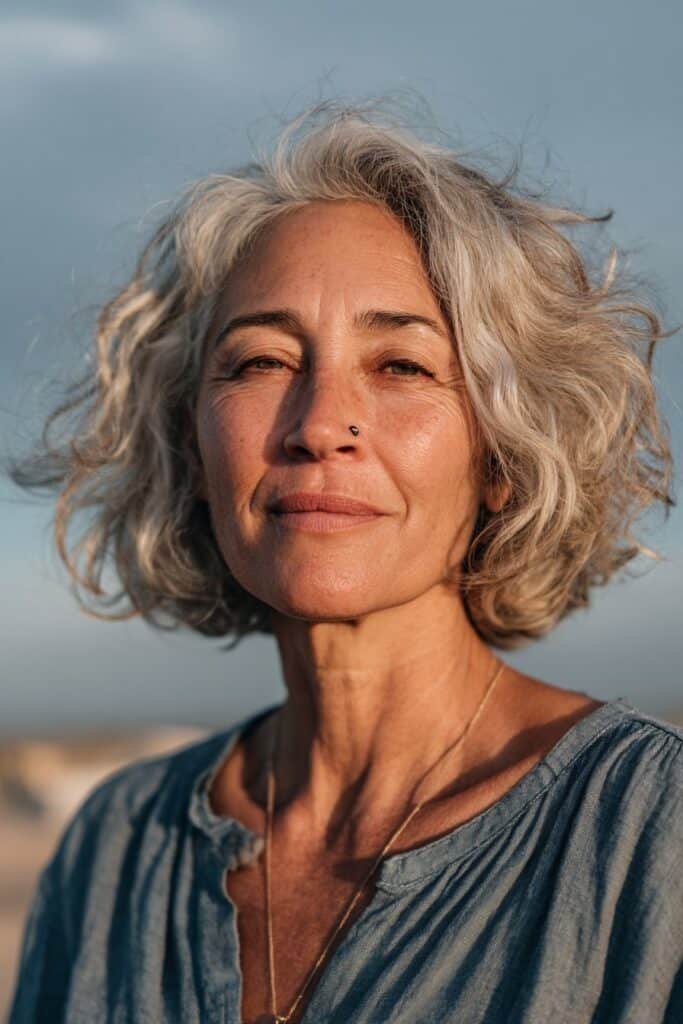 Silver bob with bold texture for older women.