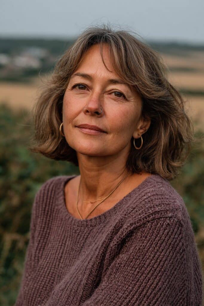 Soft shag with curtain bangs for older women.