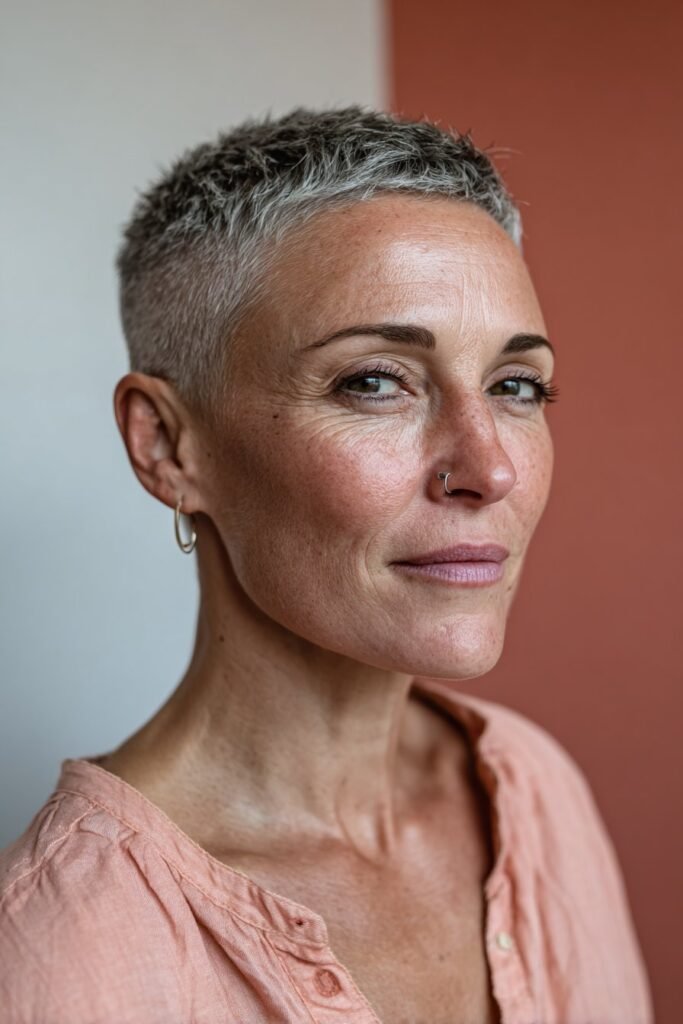 Bold undercut pixie hairstyle for women over 50.