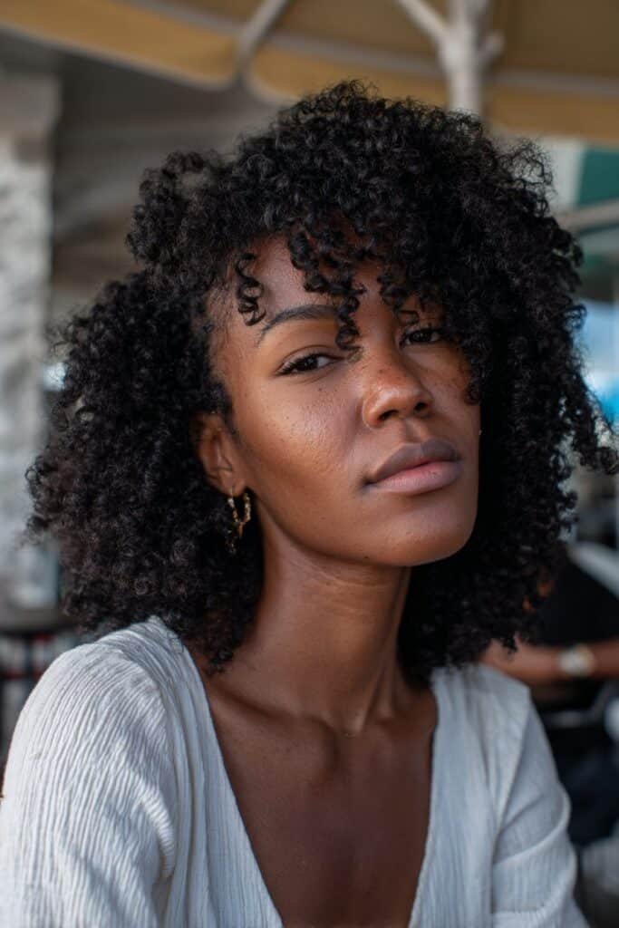 Black woman wearing a twist out kinky curly hairstyle with soft volume.