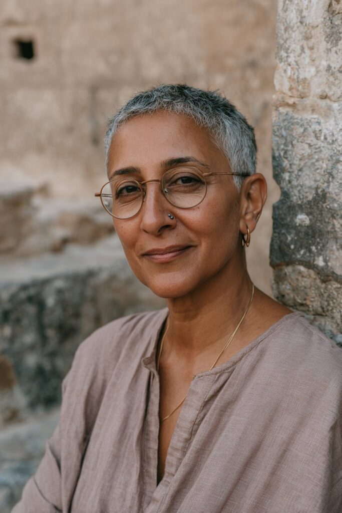 Silver undercut pixie hairstyle for women over 50.