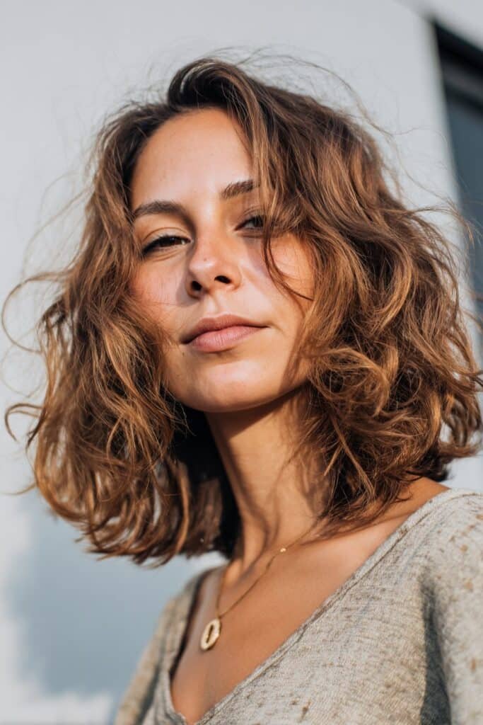 Woman showcasing undone shoulder-length beach waves with textured ends.