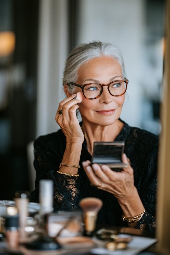 Mature woman with glasses applying cream blush for a natural radiant finish.