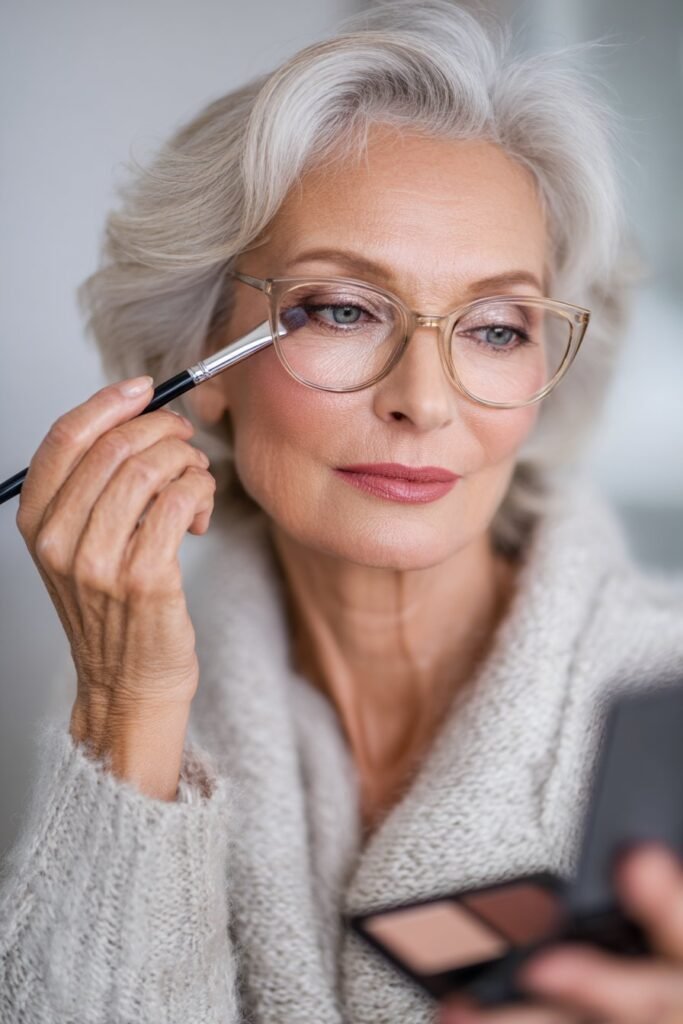 Older woman wearing glasses applying light eyeshadow to brighten her eyes.