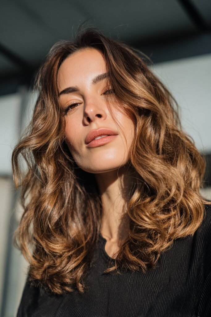 Woman with shoulder-length beach waves blended with vintage Hollywood styling.