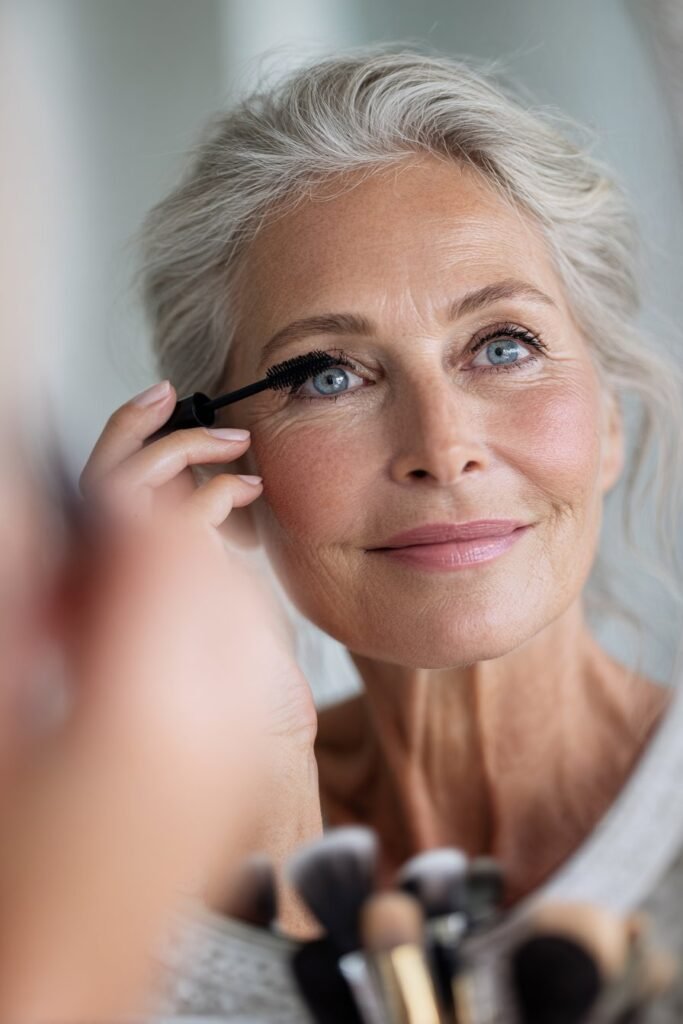 Mature woman applying black mascara to create fuller and more defined lashes.