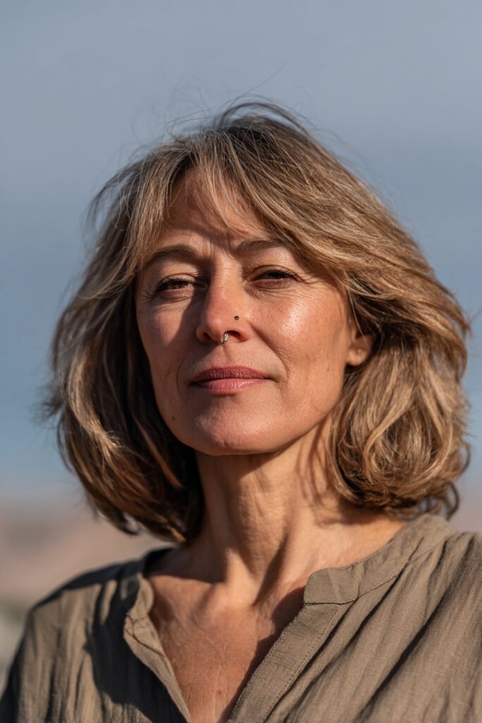 Warm caramel blonde curtain bob for older women.