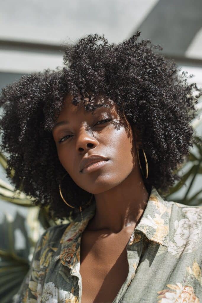 Black woman with a wash and go kinky curly hairstyle and defined natural coils.