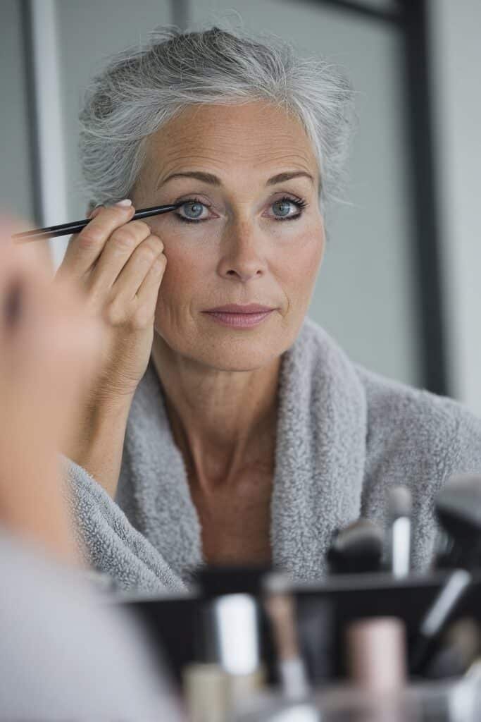 Mature woman applying waterproof gel eyeliner along the upper lash line.