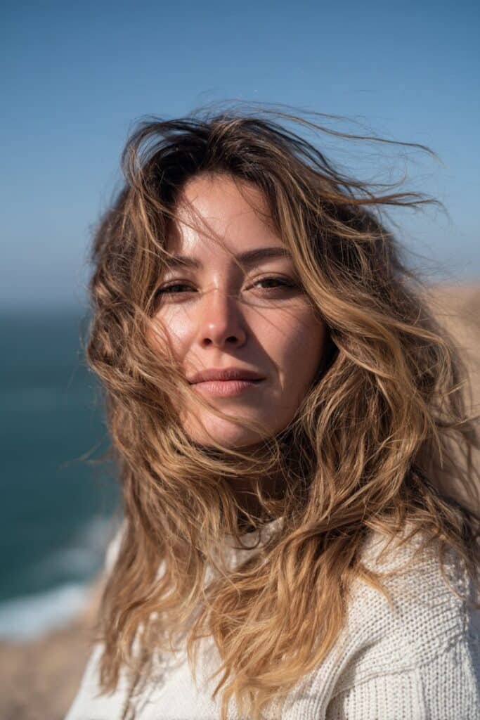 Woman with windswept shoulder-length beach waves and airy coastal movement.